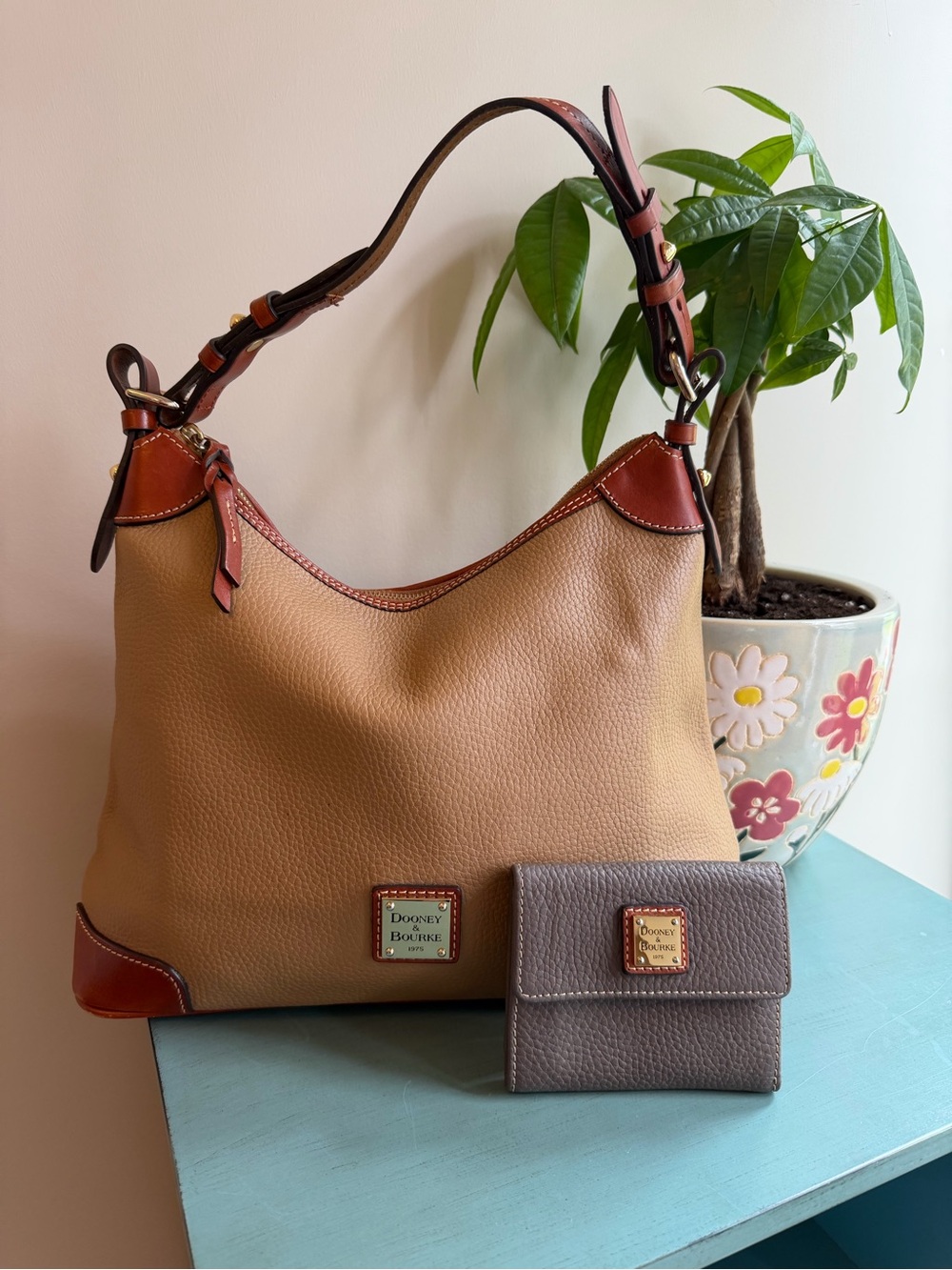 Dooney & Bourke Tan Pebbled Leather Hobo Bag with Brown Trim and Gray wallet